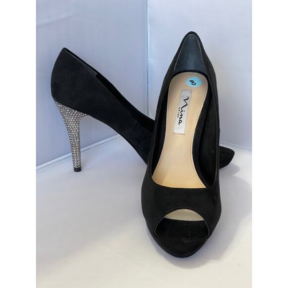 Nina Fiesta Rhinestone Heel Black Peep-Toe Evening Pumps Size 8 - Picture 1 of 6